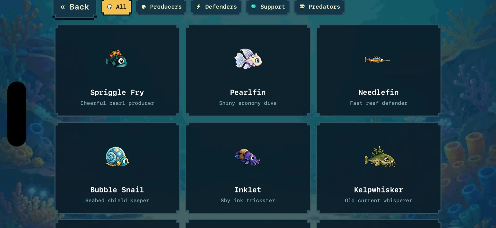 The in-game logbook showing discovered reef creatures